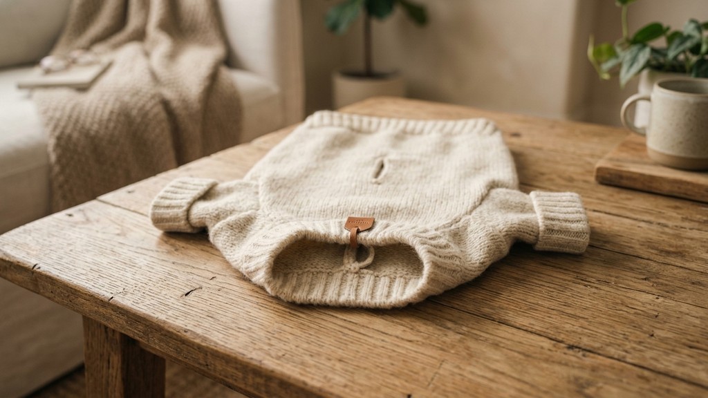 a close-up of a merino wool dog sweater in natural cream colour, showing the ribbed texture and leash opening, laid flat on a wooden surface