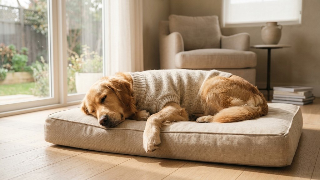 a golden retriever sleeping on a canvas pet bed with memory foam in a bright living room with timber floors, soft natural light
