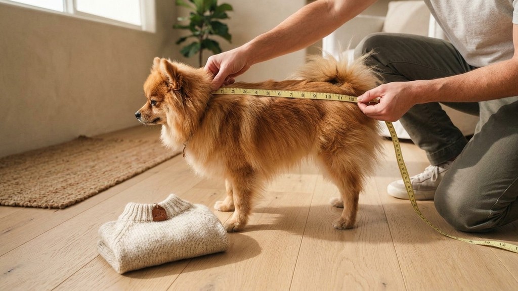 a dog being measured along the back with a soft tape measure, owner kneeling beside them on a wooden floor, natural indoor light